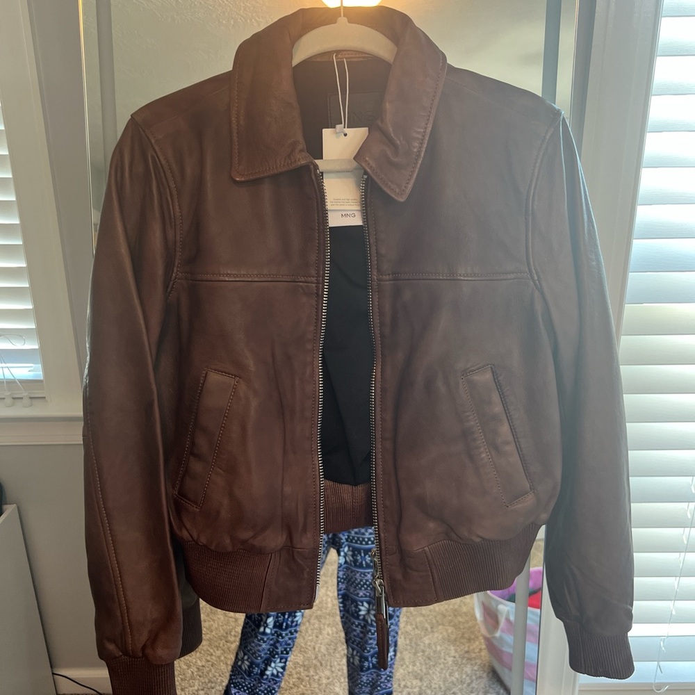 Mango Rich Brown real Leather Bomber Jacket
